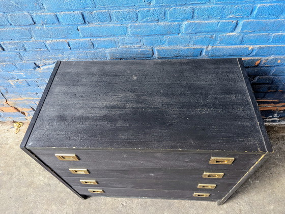 Image 1 of Vintage black Danish chest of drawers / brass