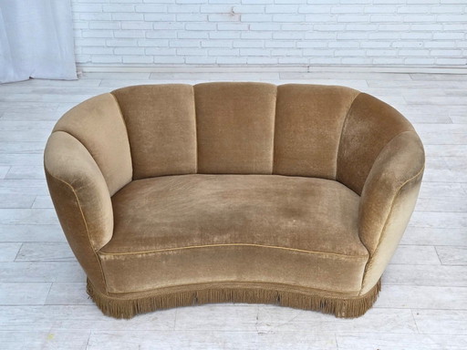 1960s, Danish "Banana" 2-seater sofa, green furniture velour, oak wood.