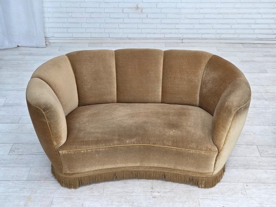 Image 1 of 1960s, Danish "Banana" 2-seater sofa, green furniture velour, oak wood.