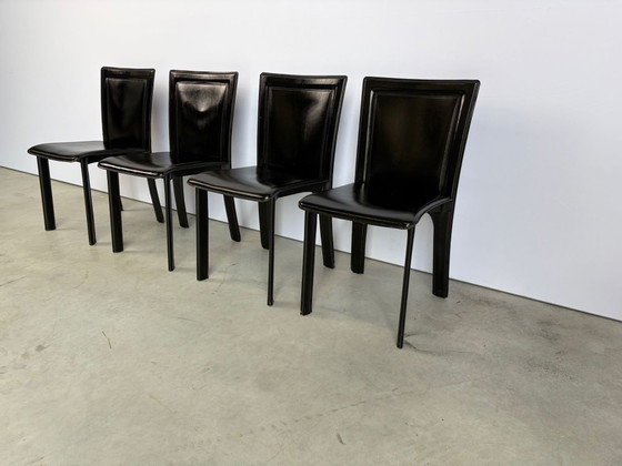 Vintage Zwart Lederen Eetkamerstoelen, Set Van 4 - Jaren 70 – Leather (photo 3 of 9)
