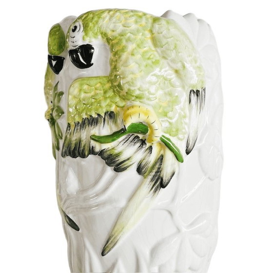 Image 1 of Vintage Portuguese XL white ceramic vase hand-painted parrots 1940s