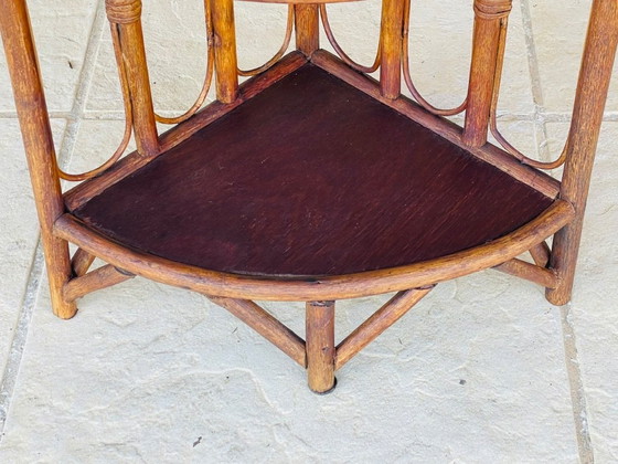 Image 1 of Mid-Century Bamboo & Rattan 3-Tier Corner Shelf, 1960s