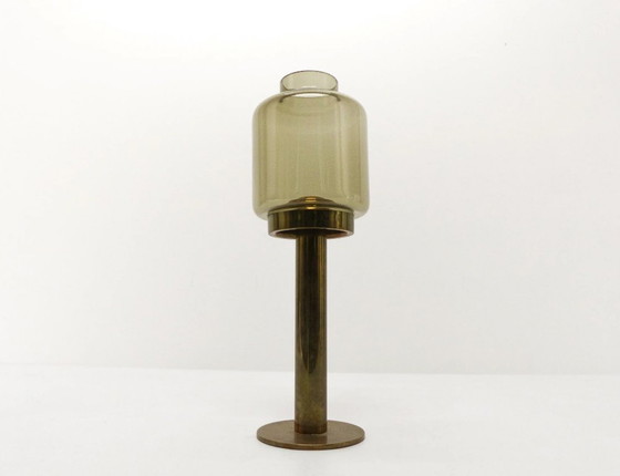 Image 1 of Set of 3 large Swedish candlesticks in brass and tinted glass by Hans-Agne Jakobsson for Markaryd, model L-102/32 "Claudia" 1960