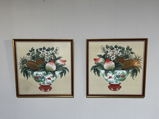 Set aus 2 klassischen chinesischen Stillleben. – kunst, Wood, Canvas