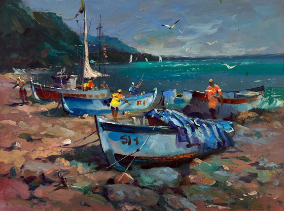 Image 1 of Original Oil Painting Summer Coastal Landscape Fishermen under the light of the sea