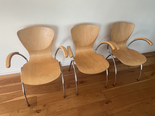 3x Kimball Bingo houten stoelen met chroom buisframe