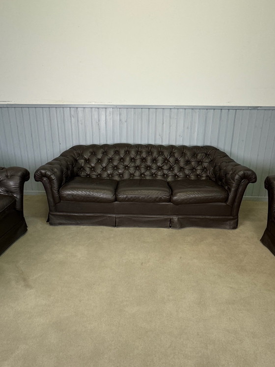 Divani Chesterfield in pelle 3+2+1 marrone scuro, Sofà (foto 3 di 9)
