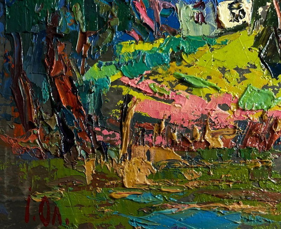 Image 1 of Original Oil Painting Evening River Landscape Fishing in the summer