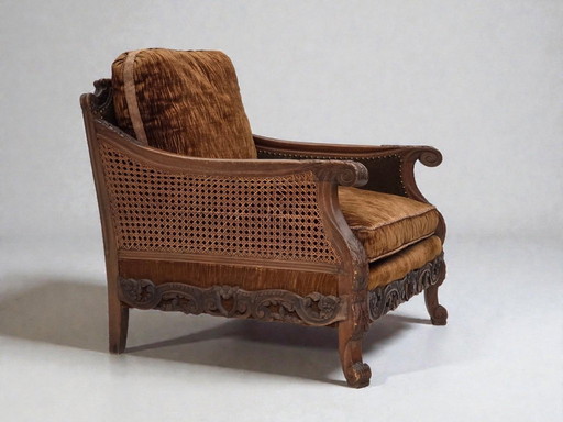 Jaren 1930-1935, Deense fauteuil, meubelvelours, meubelgaas, gesneden essenhout.