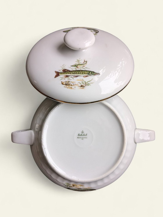 Image 1 of Rarità! Servizio vintage di porcellana con motivi di pesci e bordo dorato | Hutschenreuther, Selb, Eschenbach | Dipinto a mano