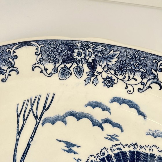 Image 1 of Grande piatto ovale vintage in terracotta blu con decoro a forma di tacchino