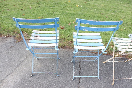 Image 1 of Set of 8 French Bistro Garden Folding Chairs in Iron and Wood Slats