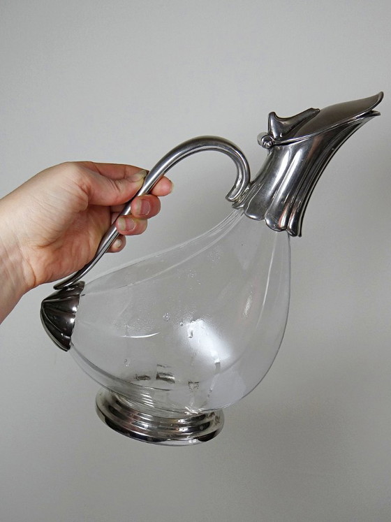 Image 1 of Vintage glass and silver-plated metal ewer, modernist pitcher/carafe 1950-1970
