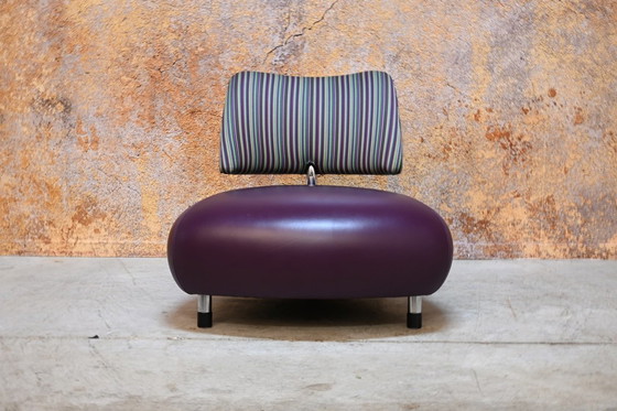Image 1 of Leolux Pallone designfauteuil combi paars leer met fraaie gestreepte stof