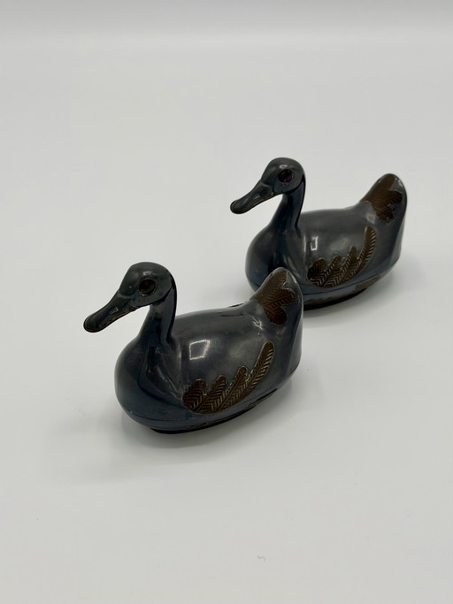 Set of 2 vintage pewter duck boxes – decorative
