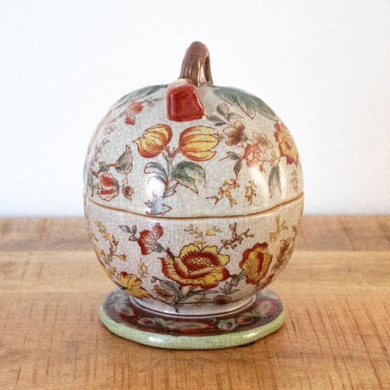 Image 1 of Bonbonnière cinese vintage in ceramica a forma di melone/zucca con motivi floreali