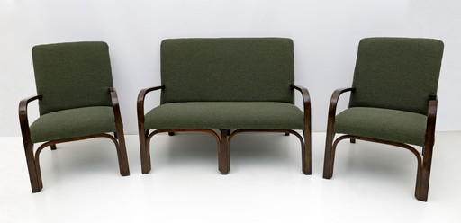 Art Dèco Italian Green Bouclè Two Armchairs and Small Sofa, 1930s