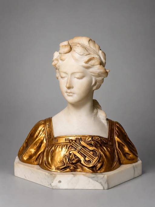 Antique Art Deco Marble Bust of a Young Woman with Gilt Metal Dress – Signed