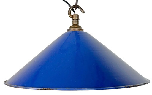Lampada a sospensione industriale in smalto blu, anni '50