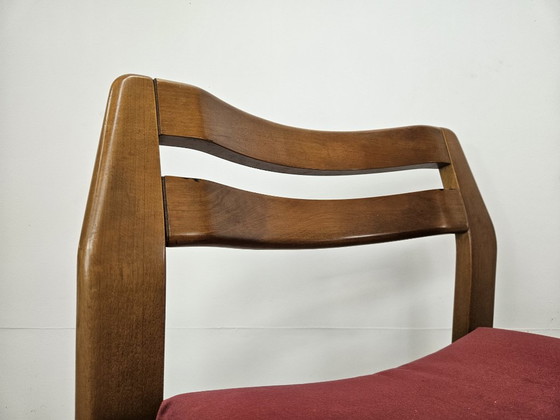 Set of four dining chairs, brown wood with red textile seats, Mid Century Modern (photo 4 of 13)
