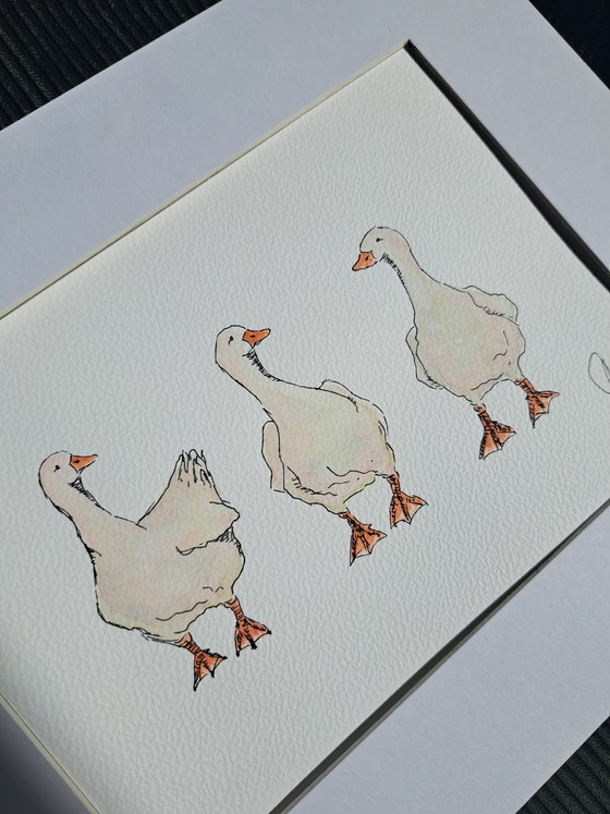 Image 1 of Watercolor painting Three Geese, original including frame