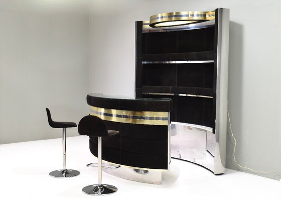 Image 1 of Cocktail Bar in pelle scamosciata nera, ottone e cromo di o nello stile di Willy Rizzo - Italia, anni '70