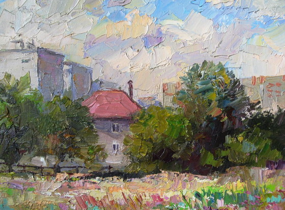 Peinture à l'huile originale Paysage urbain Maison d'été Paradis – Peintures et dessins, Canvas (photo 7 of 8)