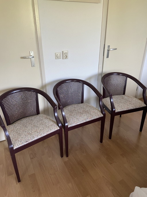 3 chaises Ebbing vintage rétro en rotin tressé – eetkamerstoelen, Rattan, Textile
