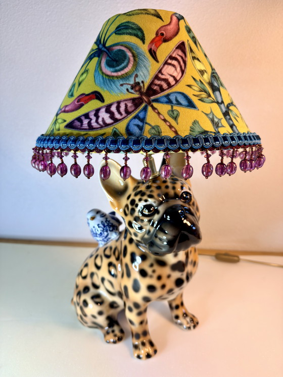 Image 1 of Lampada in ceramica fatta a mano con base a pantera / paralume in velluto