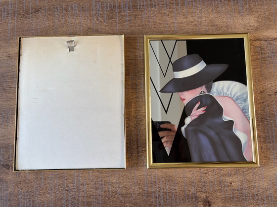 Pair of Hollywood Regency 'Glam Girl' mirror prints by Ferraro (80s), Glass art, Glass, Multi Color (photo 5 of 11)