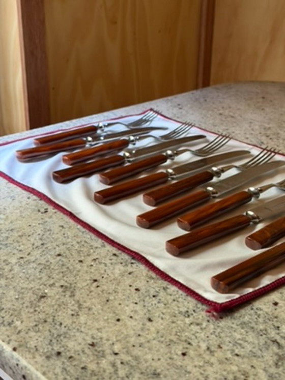Vintage Carl Voos Solingen German Flatware Set - 12 Piece MCM Knife And Fork Set - Rostfrei Stainless Steel (photo 9 of 32)