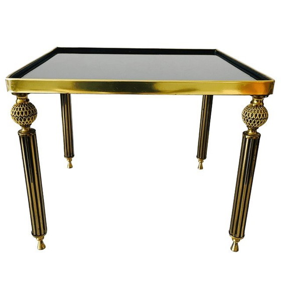 Image 1 of Table d'appoint vintage en laiton, verre fumé noir, style Hollywood Regency, années 1960