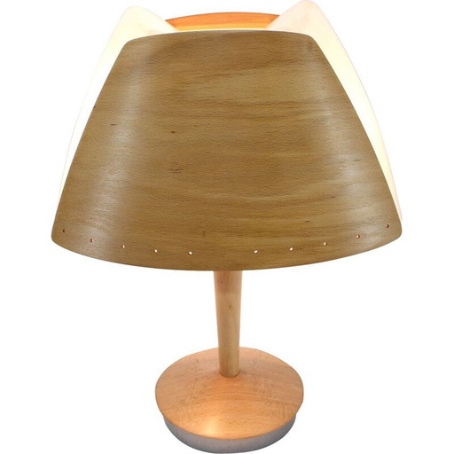 Lámpara de mesa vintage de madera de Lucid, Francia, 1970