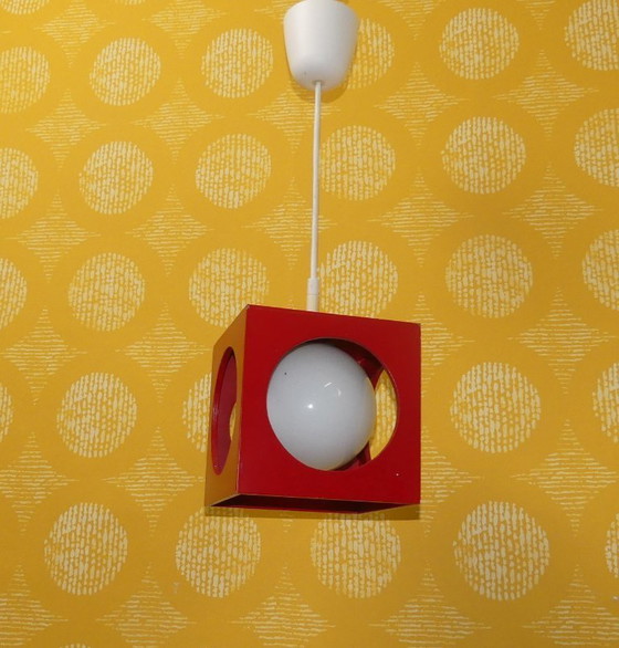 Image 1 of 70s hanglamp kubus blauw hout opaal glazen bol "Richard Essig" vintage retro