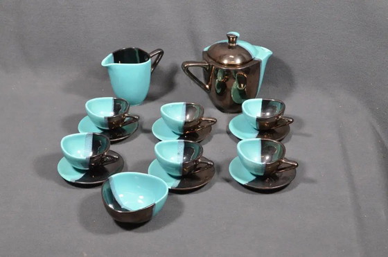 Mid 20th Century Vallauris – Black and Turquoise Blue Faience Coffee Set - 15 pcs – Crockery (photo 6 of 18)