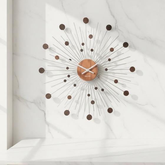 Image 1 of Karlsson Mid-Century Modern Sunburst Wandklok – Teakhout & Metaal – Ø 48 cm