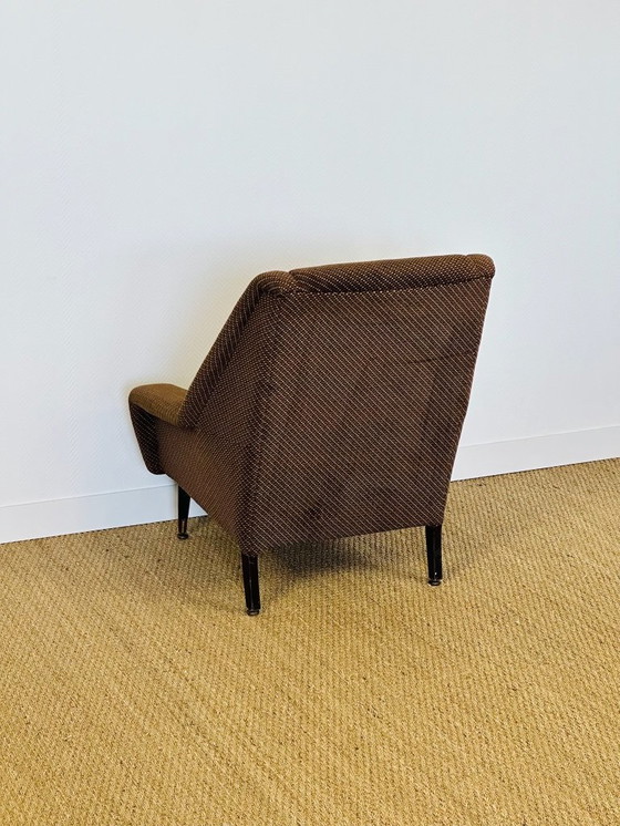 Image 1 of Vintage fauteuil in bruine tweedstof met uitlopende poten, 1960