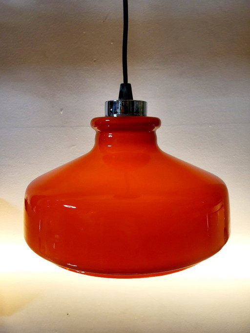 Vintage orange opaline glass pendant lamp with chromé finish, 1960s