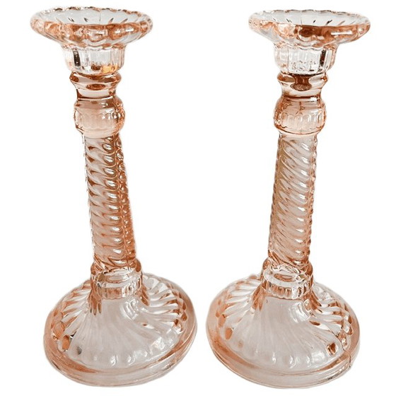 Vintage Paar Art Deco Rosaline Kandelaars Roze Glas Pavillons 1920's – Kandelaars en kaarsen (photo 2 of 7)