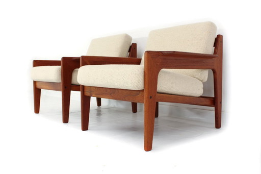 as new, 2x Arne Wahl Iversen f. Komfort, Danish Mid Century Teak Lounge Chair, Vintage Armchair, new virgin wool cover + straps