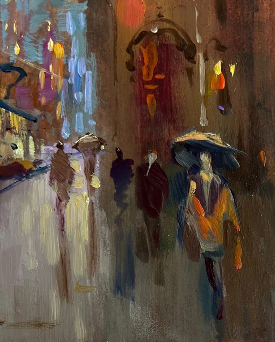 Image 1 of Original Oil Painting Gloomy City Landscape Dynamics of urban life