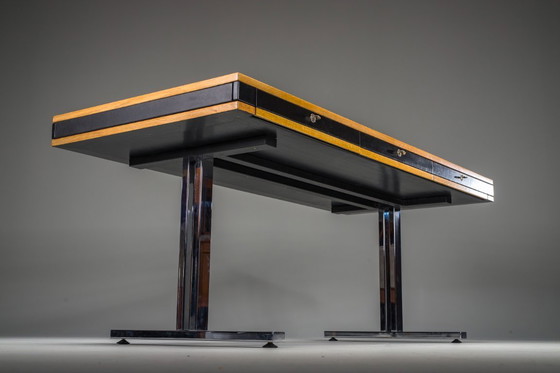 Image 1 of Mid-Century Modern Schreibtisch aus Eiche und Chrom mit Lederplatte, 1980er Jahre