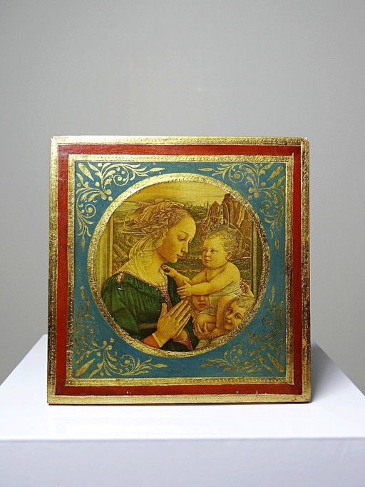 Small Florentine plate painted wood miniature "l'Adoration" Madonna and Child