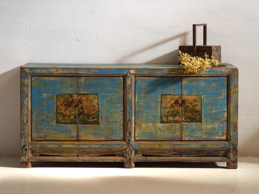 Antiek entree dressoir in blauw en geel (ca. 1920)