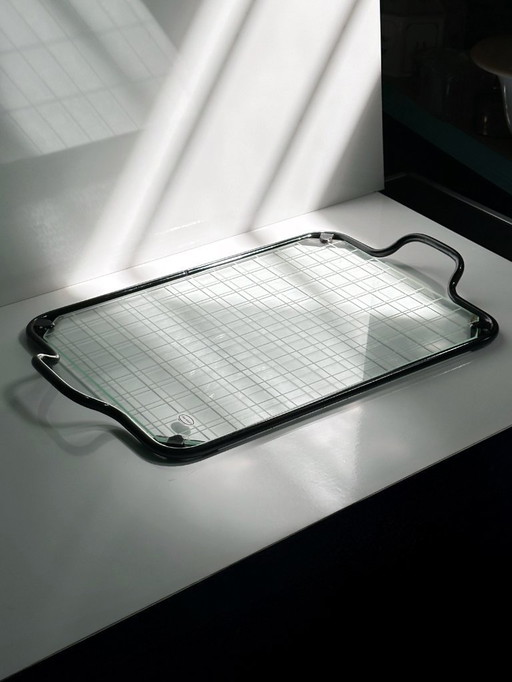 Italienisches Tablett 1980er Vintage Metall Glas Grafisch Club House Italia 80er Servier Tablett Italian Modern