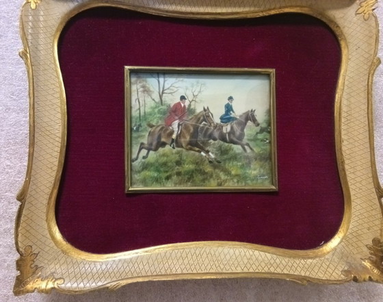 Image 1 of Signed 19th Century English Oil on Canvas Miniature Hunting Scene