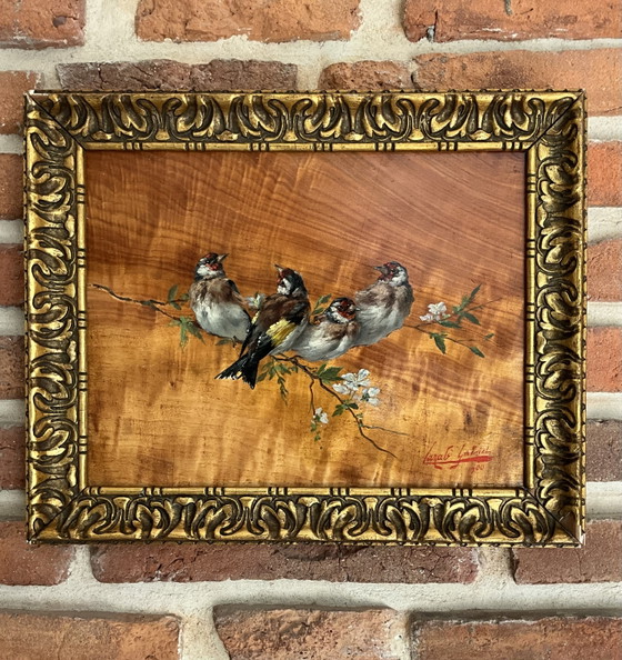 Image 1 of Gabriel Cazals (1900) – Oil on Wood Panel – Four Goldfinches – Signed