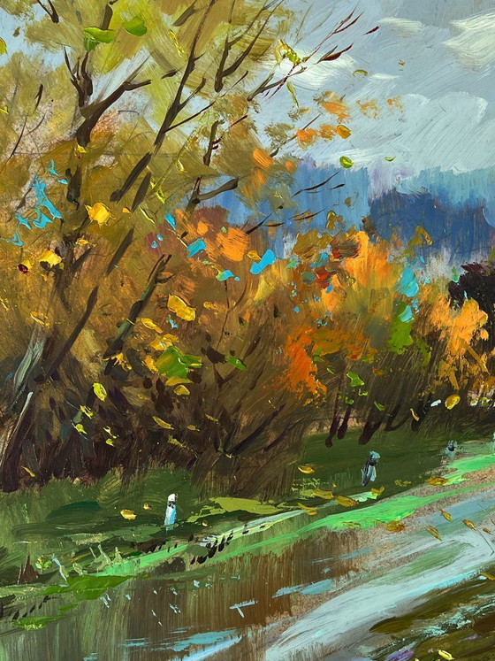 Image 1 of Peinture à l'huile originale représentant un paysage naturel, une route et un temps d'automne en forêt.