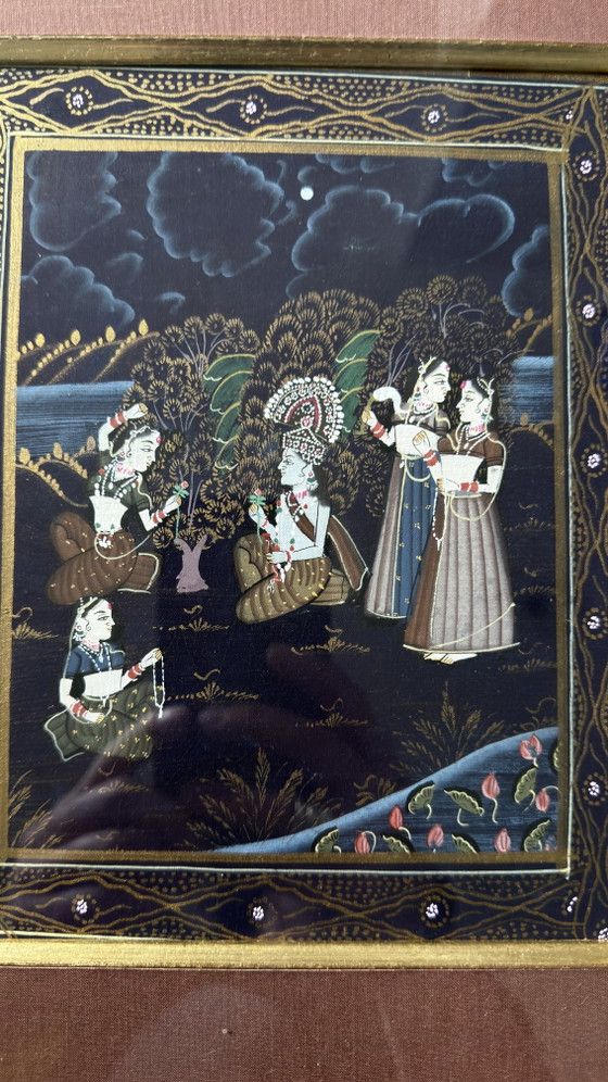 Set of 3 Vintage Indian Miniature Paintings on Fabric – Rajasthani Style – Paintings & Drawings, Glass (photo 6 of 11)