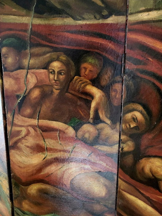 Image 1 of Zeldzaam handgeschilderd Art Deco kamerscherm – in de stijl van Michelangelo’s “Schepping van Adam” (ca. 1920–1935)